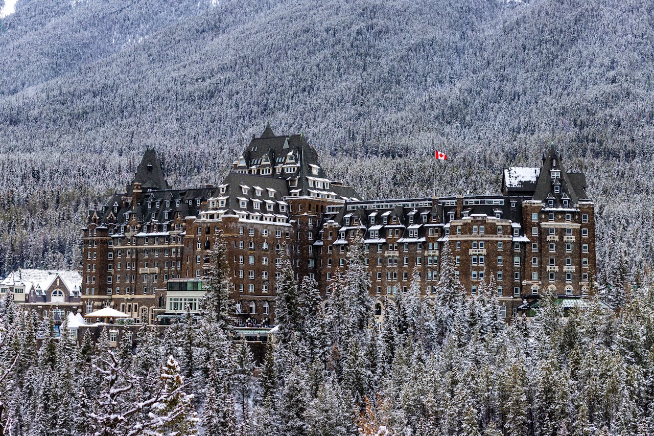 The Fairmont Banff Luxury Resort lightly dusted with snow