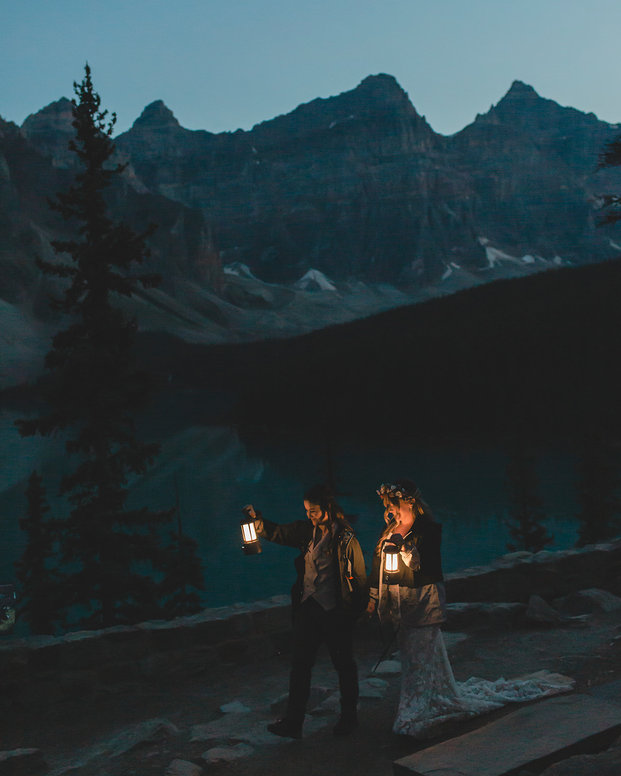 Stargazing and hiking at night around Lake Louise during elopement