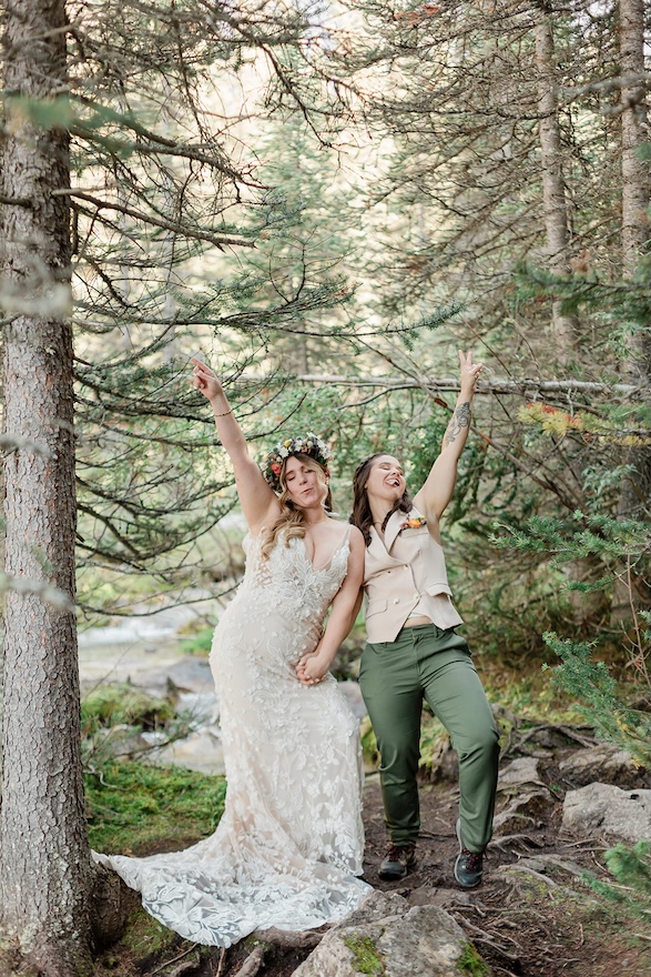 Amber & Lauren's wedding dress and outfit for their Moraine Lake adventure elopement