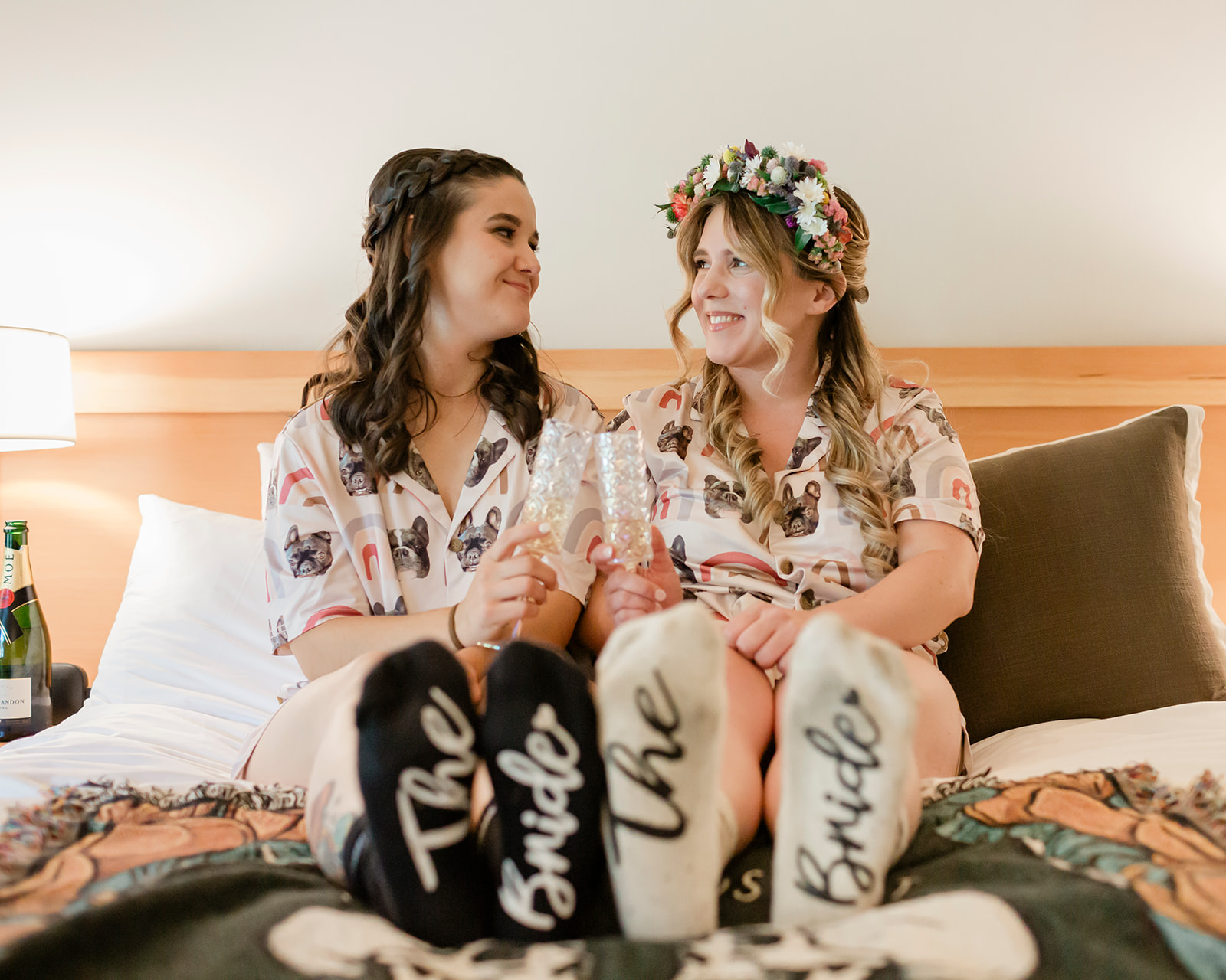 two brides hanging out before their Banff elopement