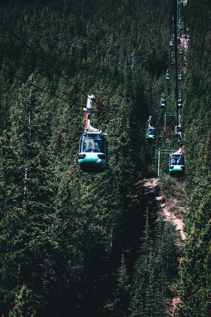 The line of Gondola's on Sulphur Mountain in Banff, Canada