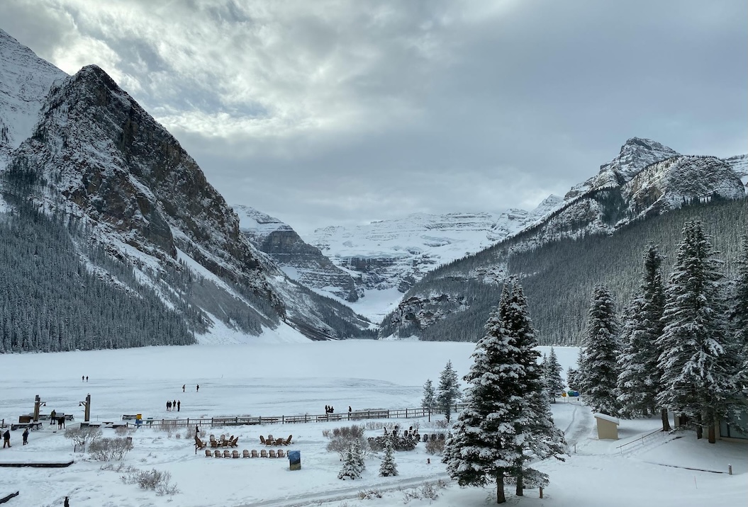 Completely frozen over Lake Louise in Banff, Canada