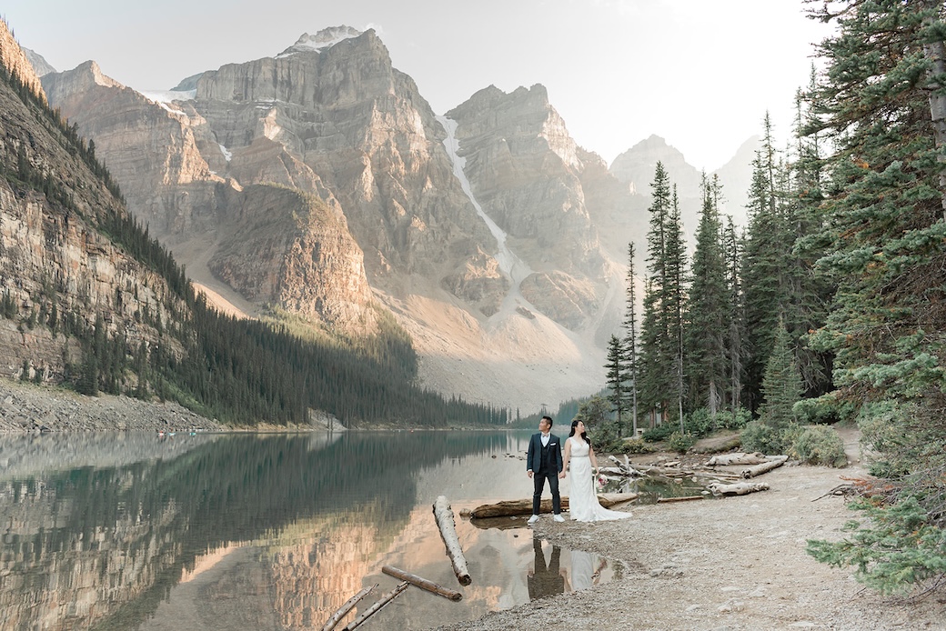 sunny and kitty elopement photos on the shore of moraine lake