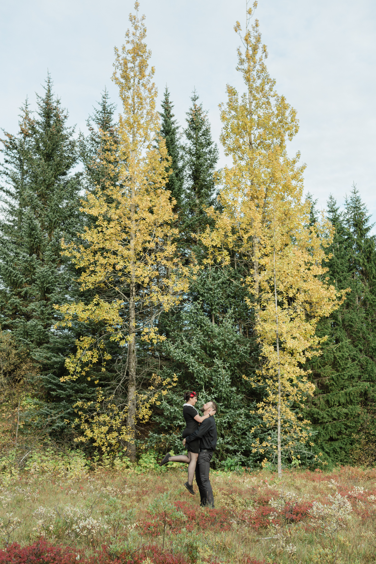 Wedding couple's portraits in the Iceland forest, the groom picked up the bride, green and yellow trees are behind them