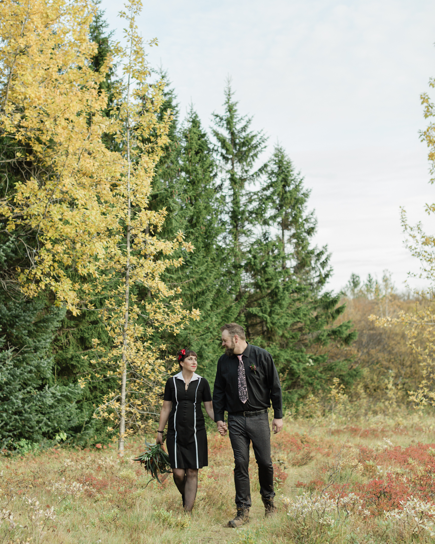 Wedding couple's portraits in the Iceland forest, the couple is kissing, there are green and yellow trees are behind them