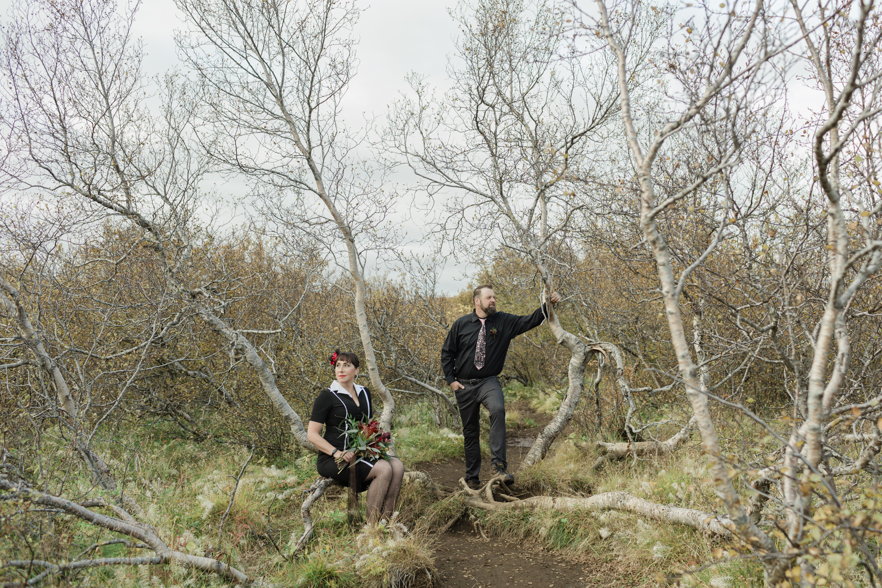 Wedding couple's portraits in the Iceland forest 