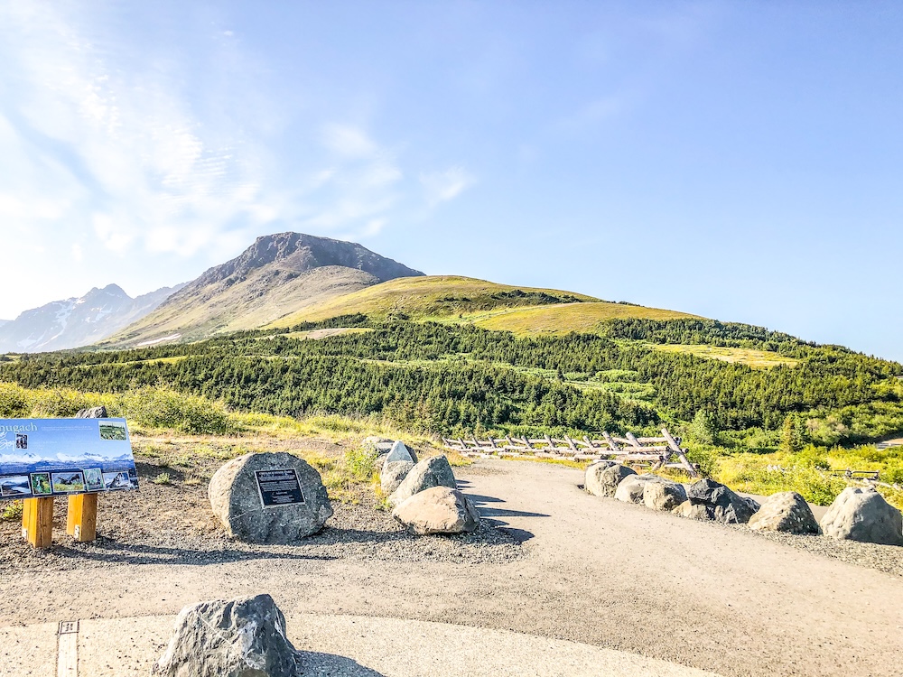 The Flat Top area park with a view of the Chugach mountains rising above the city of Anchorage