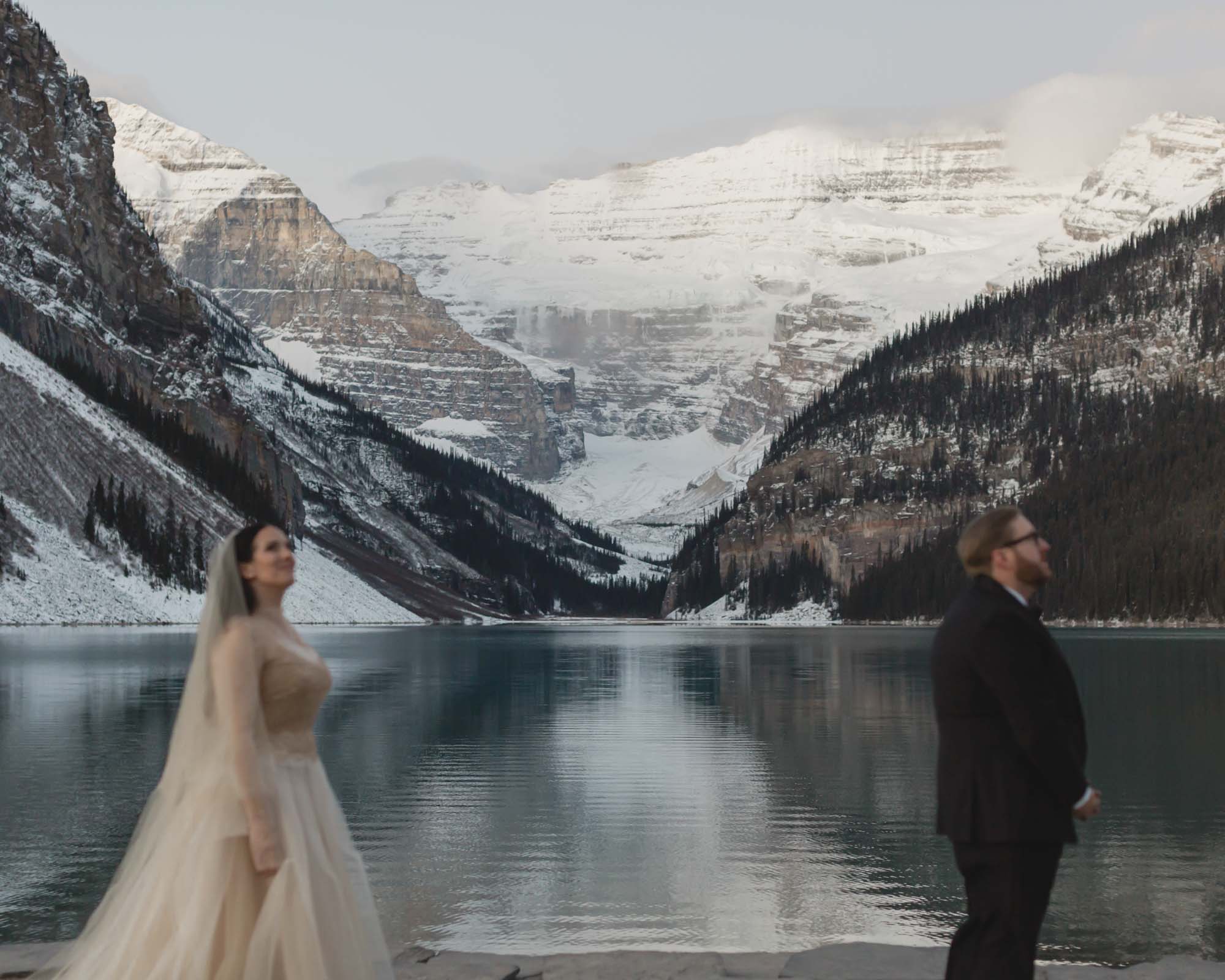 Banff National Park wedding, the couple is about to have their first look and they are looking at the views around them