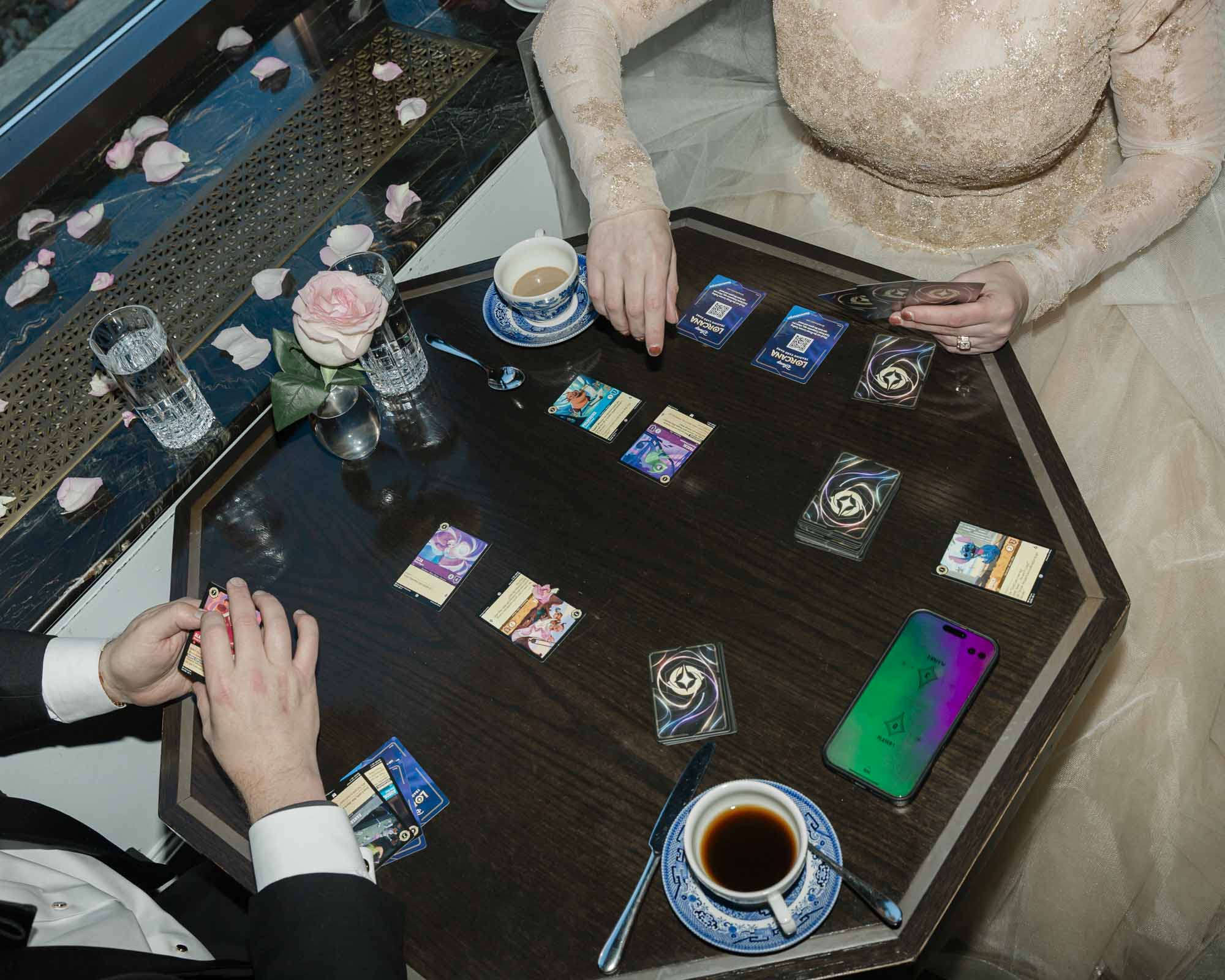 Playing Lorcana card game at brunch in the Fairview Bar and Restaurant at the Chateau Lake Louise