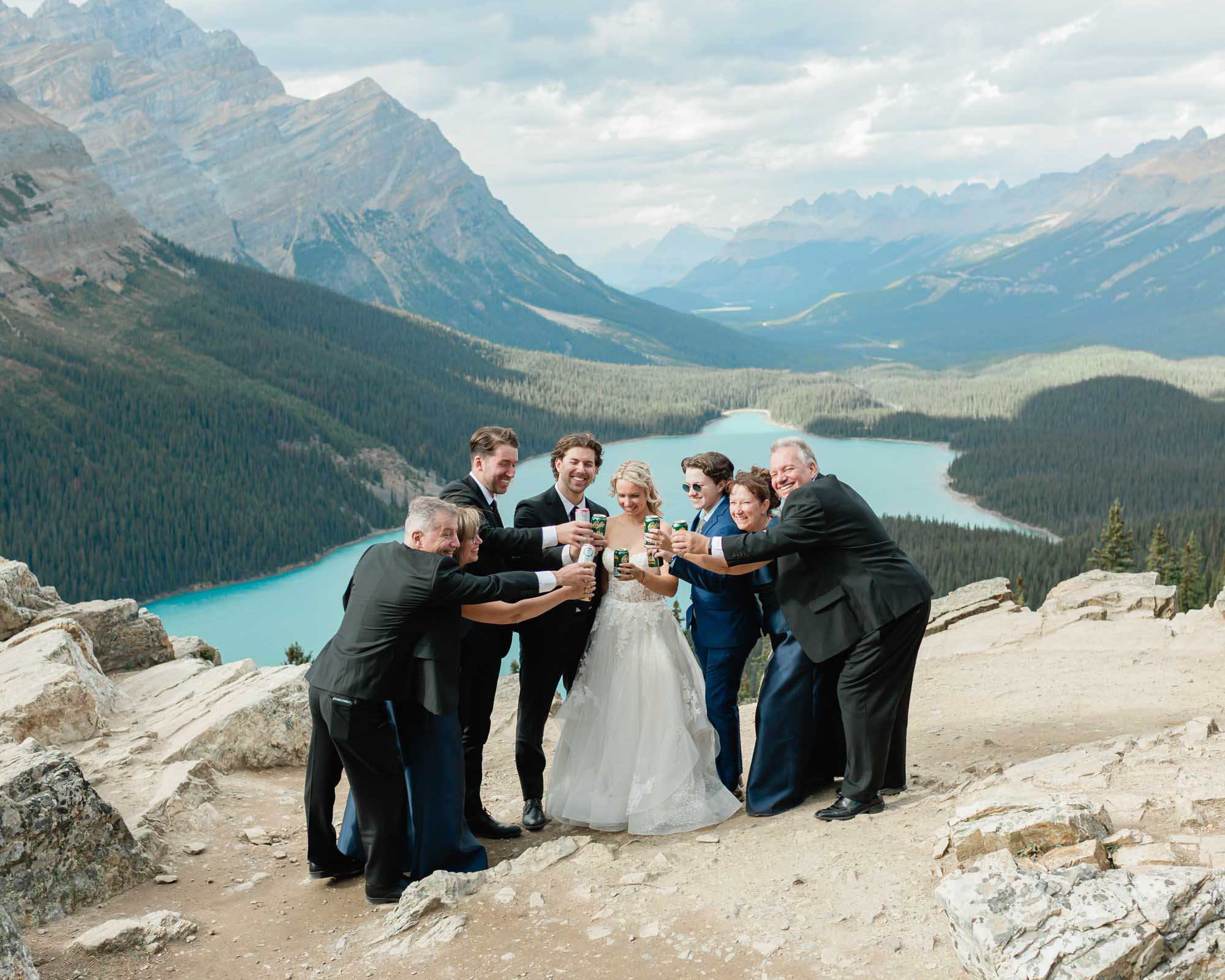 group beer cheers after sarah and tylers wedding