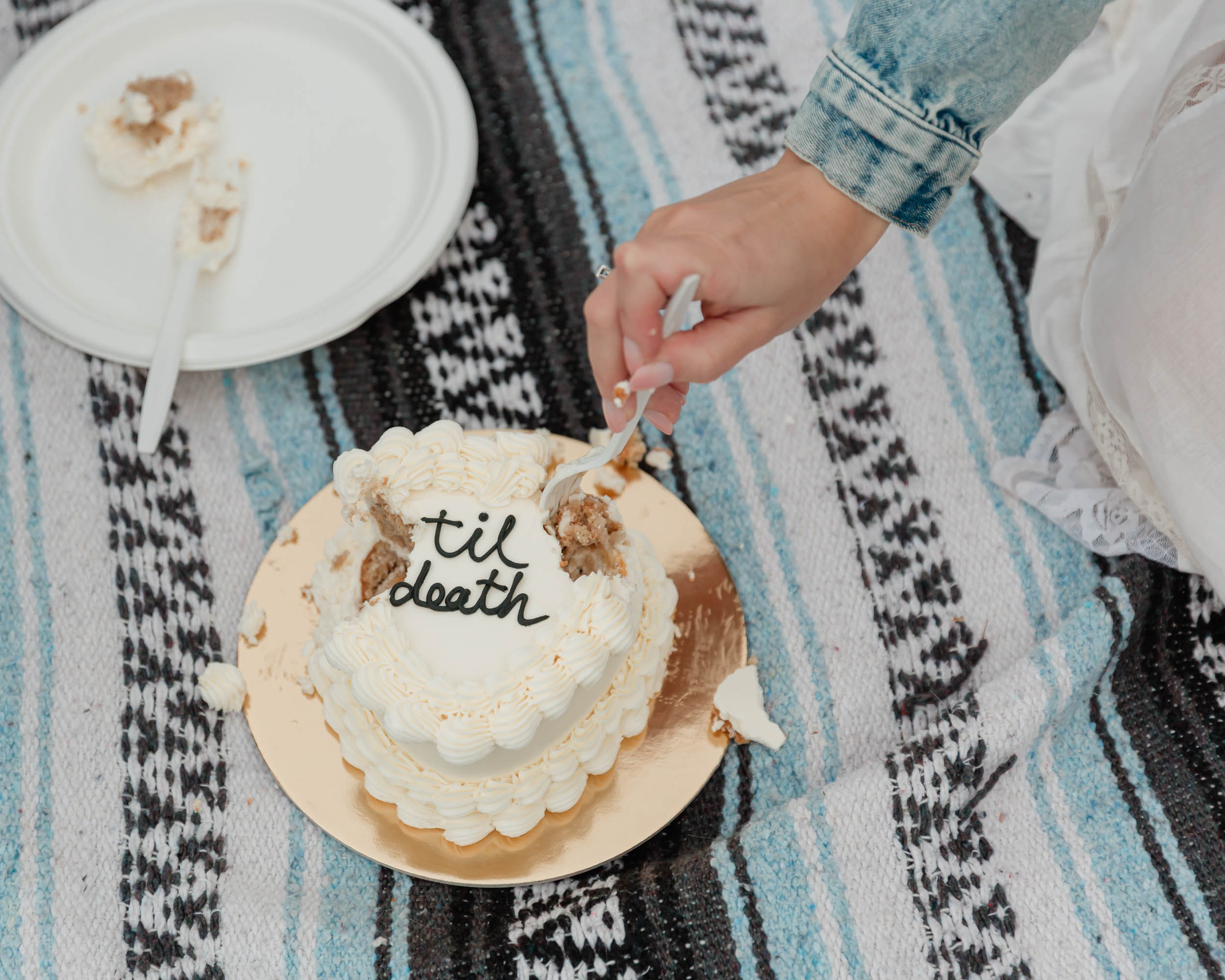 Digging in to eat a 'til death' wedding cake