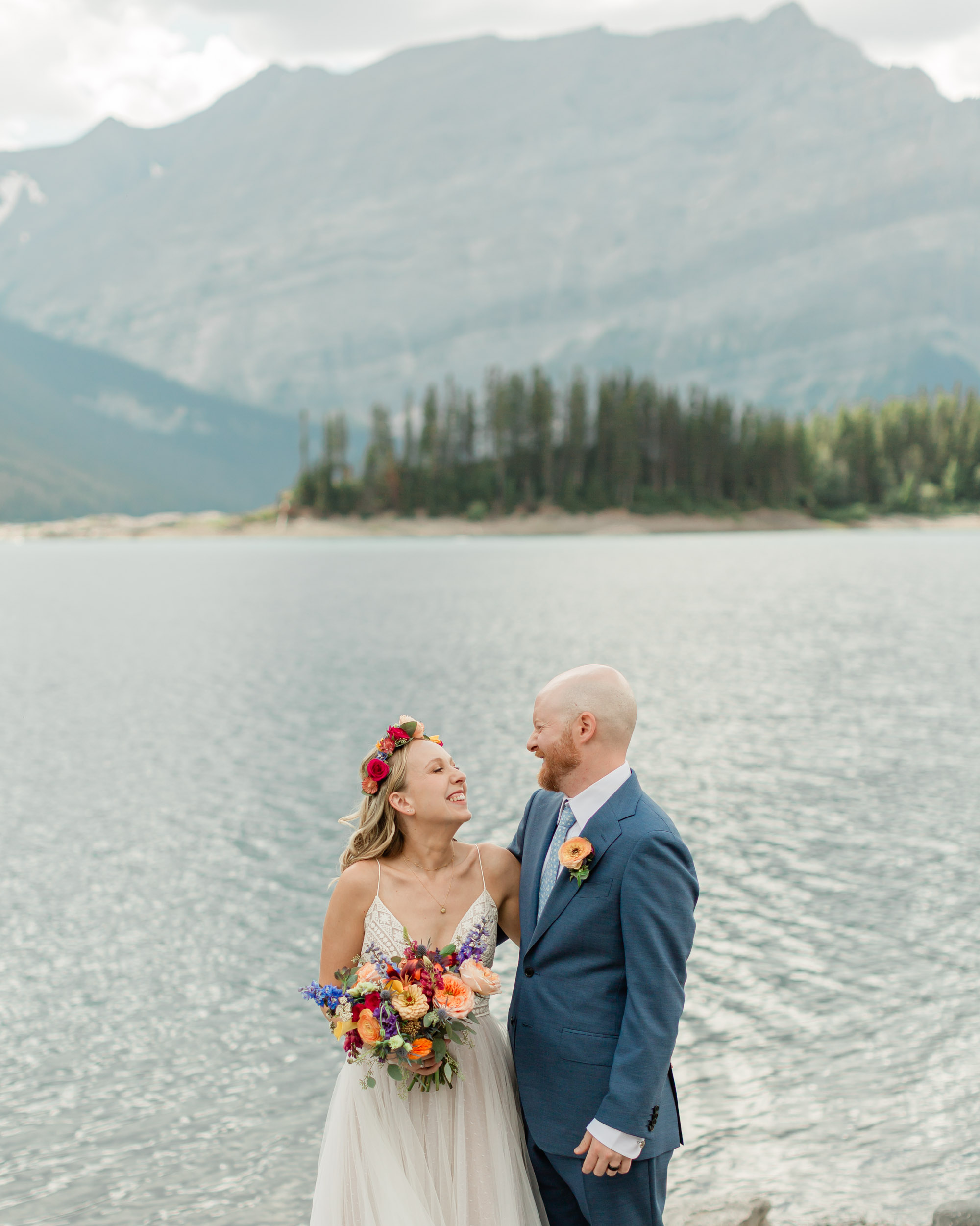 couples portraits before the ceremony during their kananaskis mountain elopement day