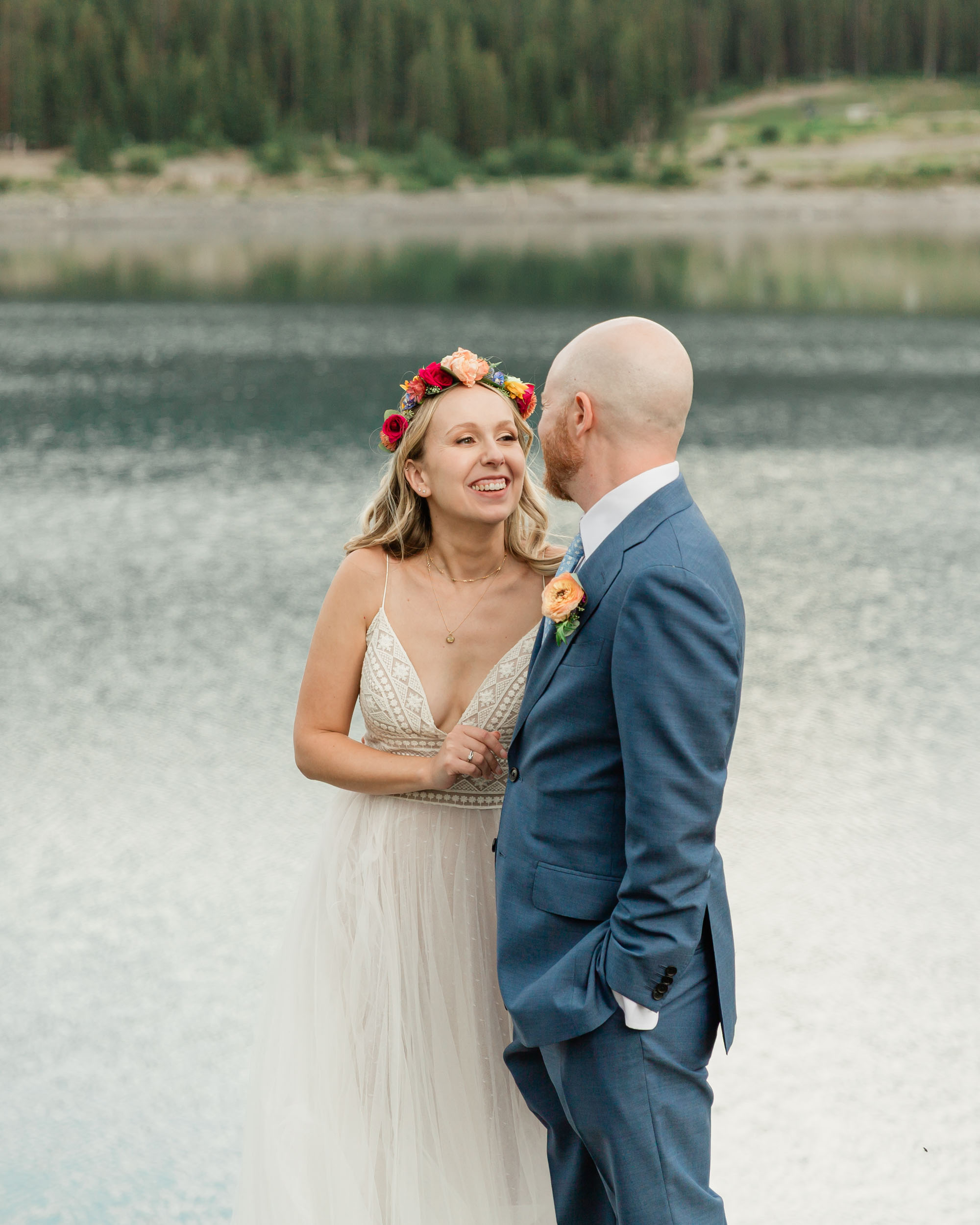 the bride and groom exploring during their kananaskis mountain elopement