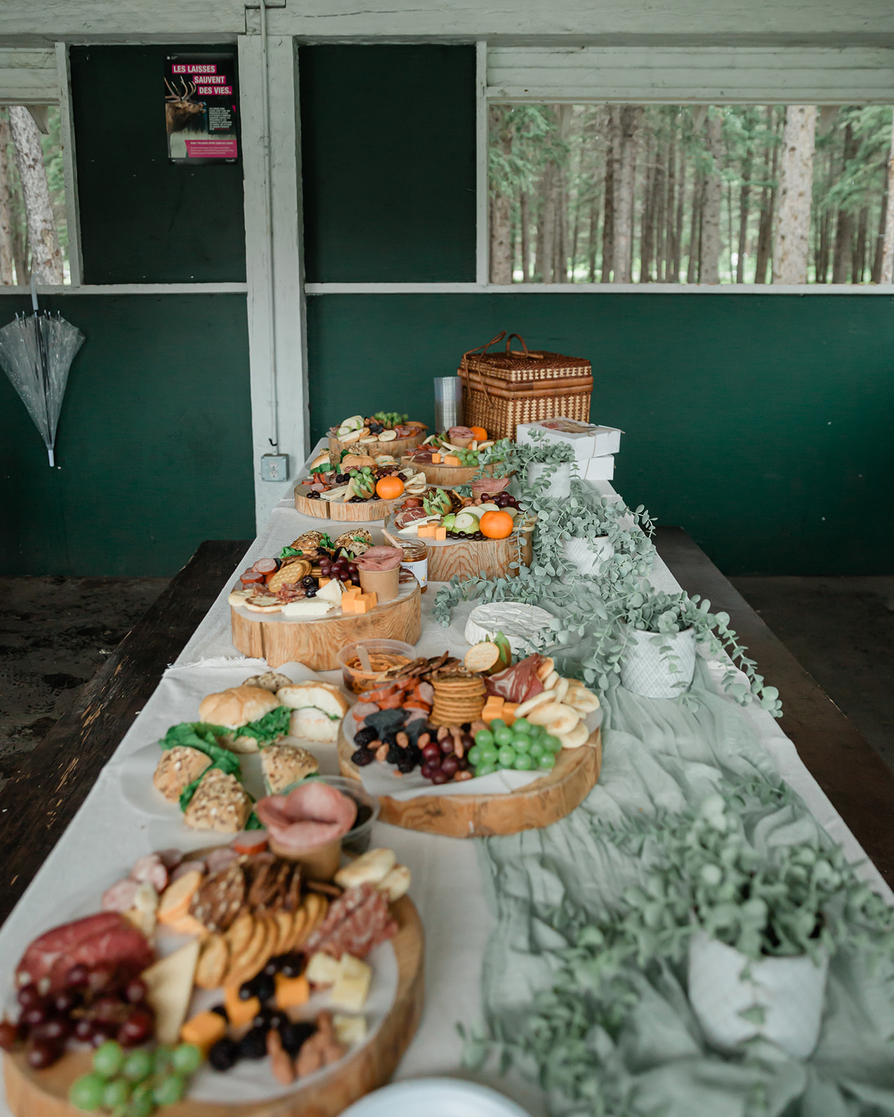 Grazing boards and picnic food arranged on a long decorated table beneath a covered shelter for an intimate Lake Minnewanka elopement in Banff National Park.